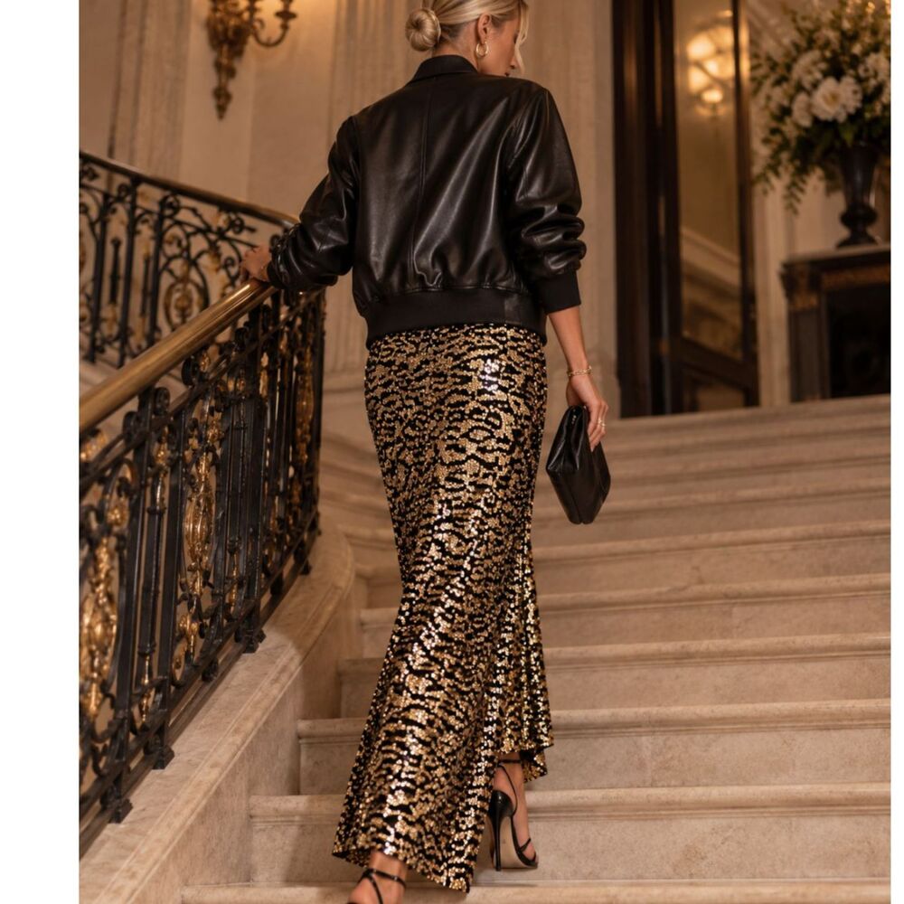Zara Black & Gold Sequin Leopard Print Maxi Skirt Size Medium